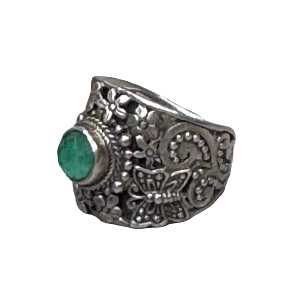 Sarda Sterling Silver Ring Emerald Green Gemstone Butterfly & Floral Size 6.5